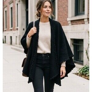 ⁠Alpaca International Black Knit Ruffle Capelet Shawl Whimsigoth Quiet Luxury OS